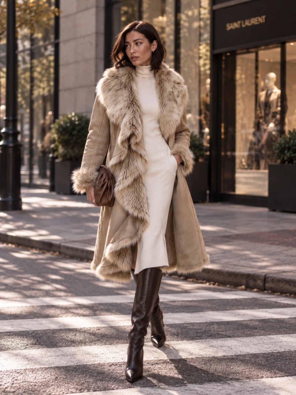 Donna Salyers Fabulous Furs Sand Faux Suede Faux Fur Coat XS